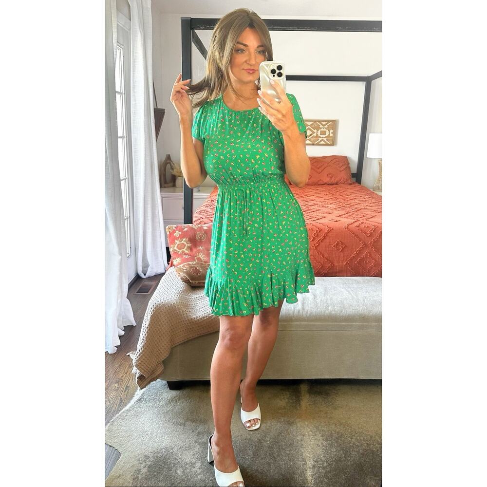 LOFT Green Floral Elastic Waist Knee Length Dress Size Medium